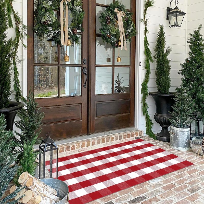 Fallovea Christmas Rugs Red and White Plaid, 4'x6' Area Rug Outdoor Indoor Front Porch Doormat Cotton Hand-Woven Layered Door Mats for Entryway Patio Entryway Laundry Bedroom Living Room - Image 4